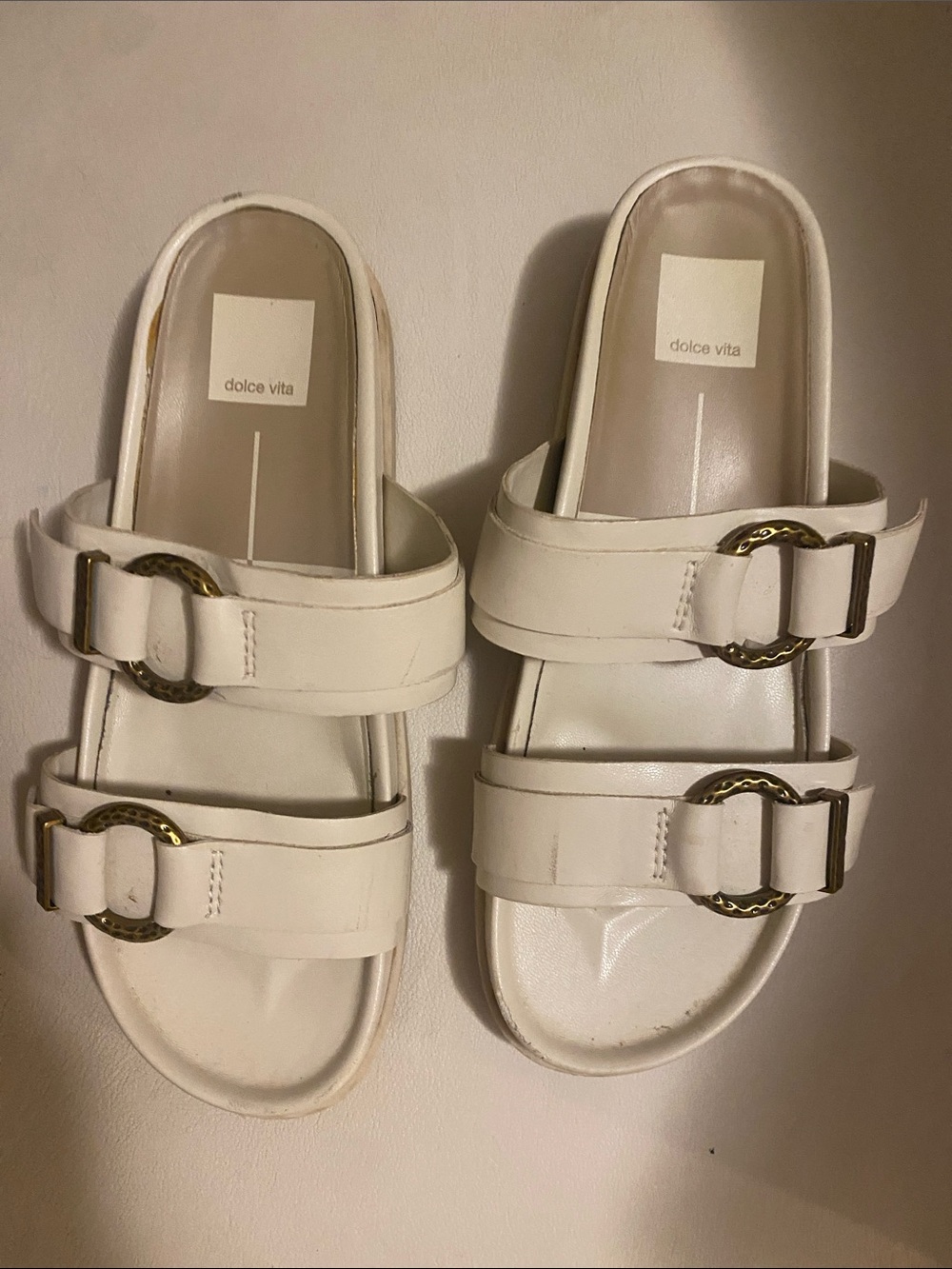 Dolce Vita Cream Double Strap Slide Sandals with Gold Buckles
